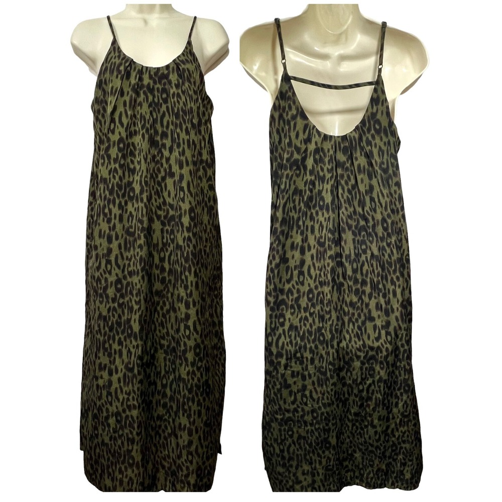 THML Midi Slip Dress Small Sleeveless Olive Green Black Animal Print Lined